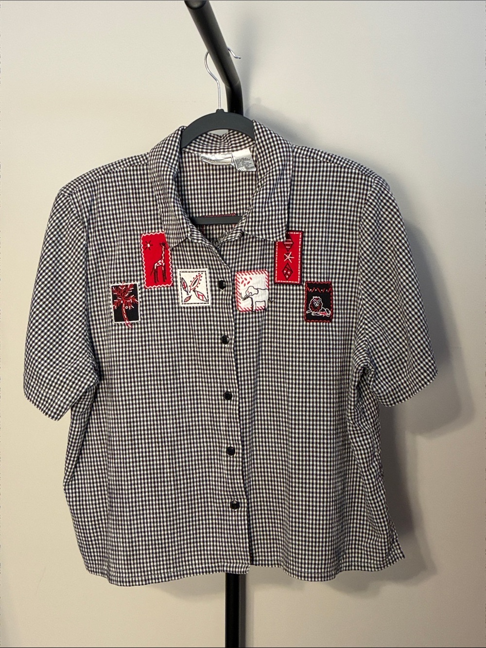 Vintage Napa Valley Black & White Check Button-Down Shirt Embroidered Patches XL